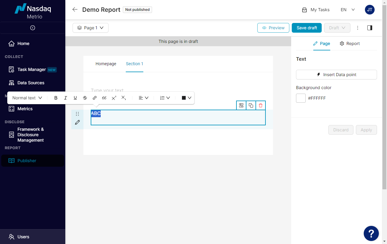 Publisher Report Page - Content Block and Text Editing.png